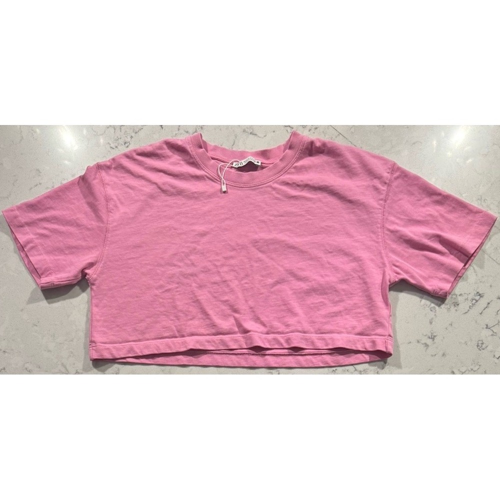 Zara Cropped T-Shirt Womens Small Pink Boxy Short Sleeve‎ Crewneck Basic Tee